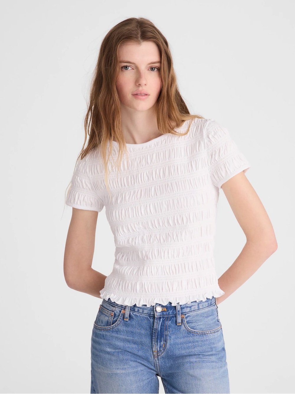 Madewell Smocked Short-Sleeve Top in White S